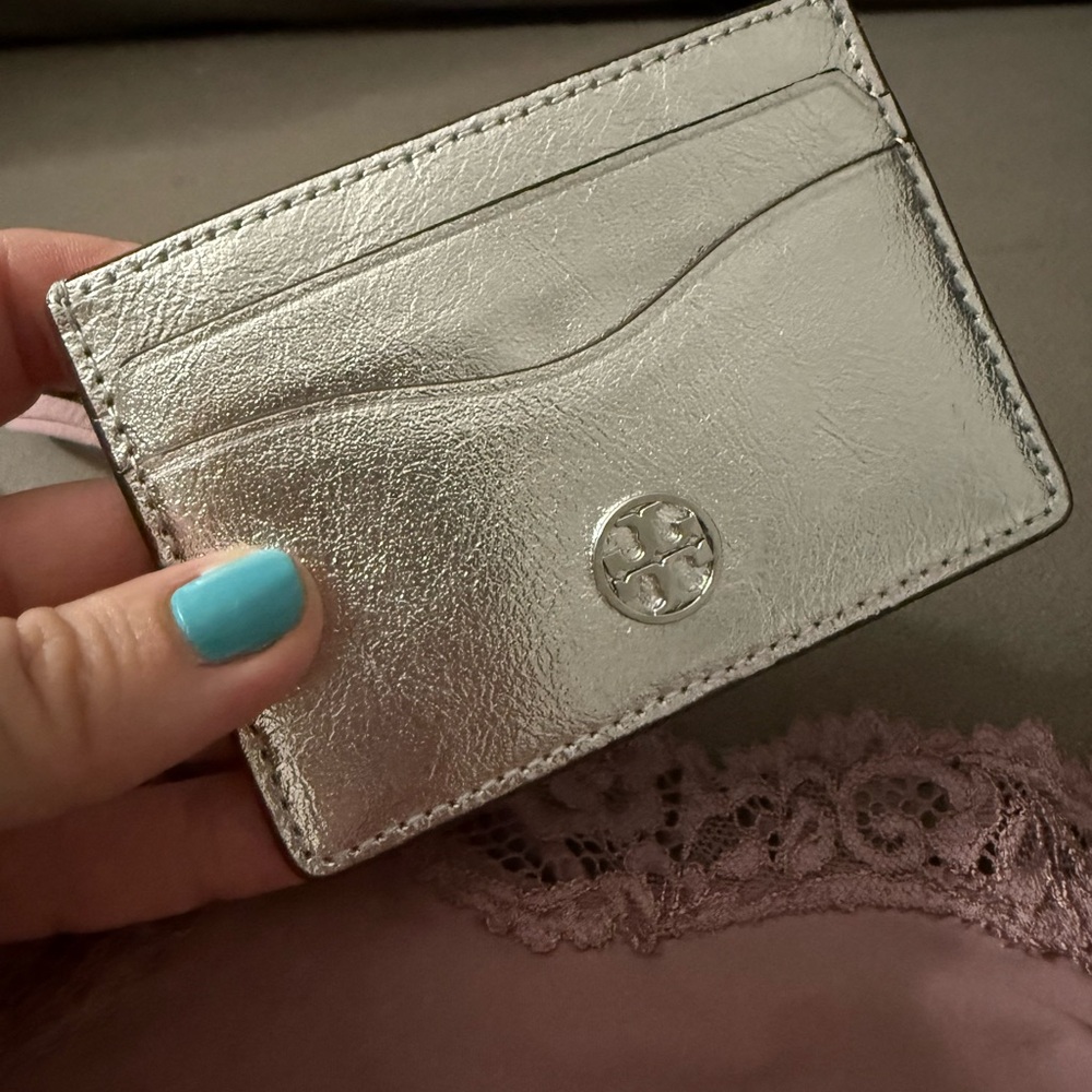 Tory Burch Metallic Silver Leather Card Case